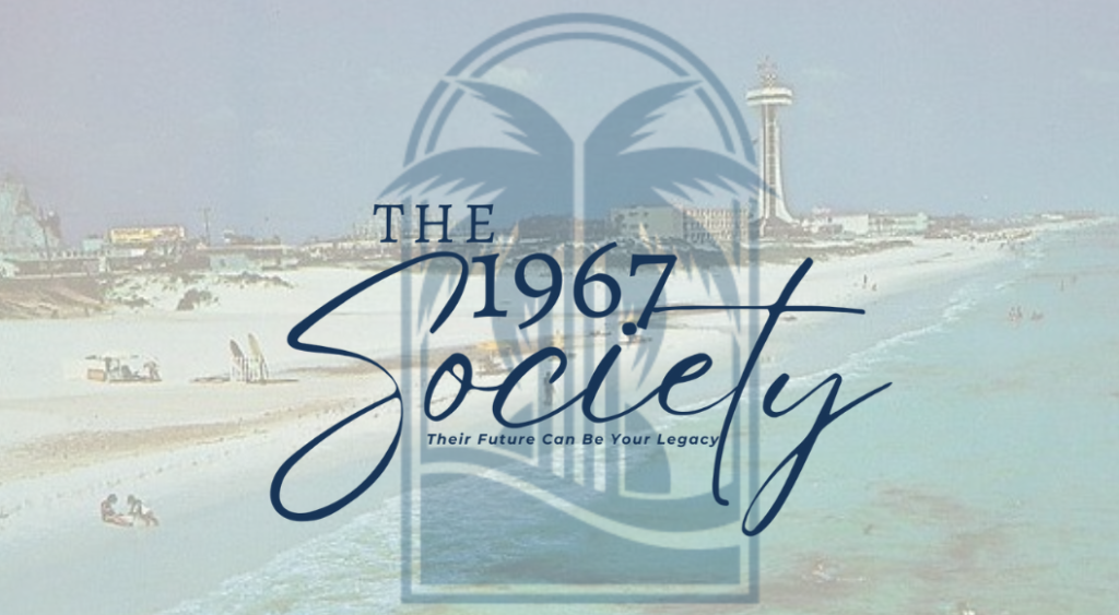 the 1967 society logo with the foundation logo palm tree over a landscape image of panama city beach circa 1967