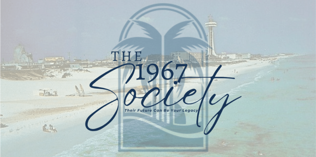 the 1967 society logo with the foundation logo palm tree over a landscape image of panama city beach circa 1967